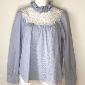 Halogen SZ M High neck blue pinstripe long sleeve top with lace yoke